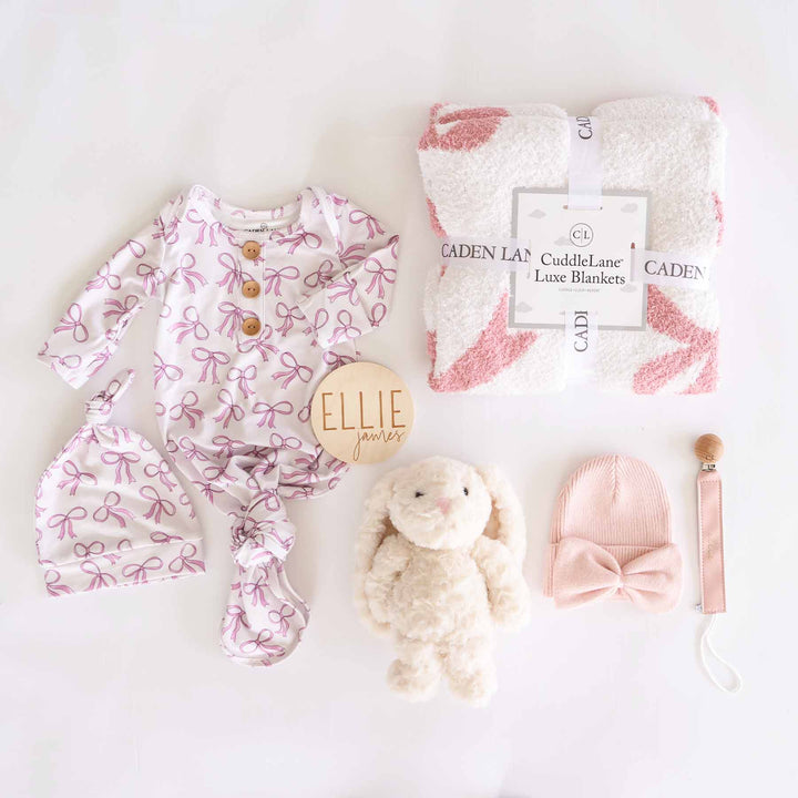 Standard- bow themed baby shower gift box for girls pink and white 