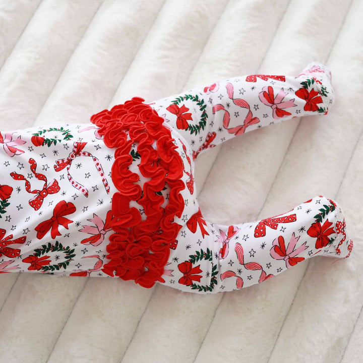 baby ruffle zipper footie for christmas with bows and wreaths 