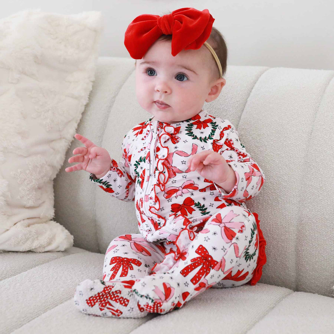 wreath and bow baby ruffle zipper footie for girls 