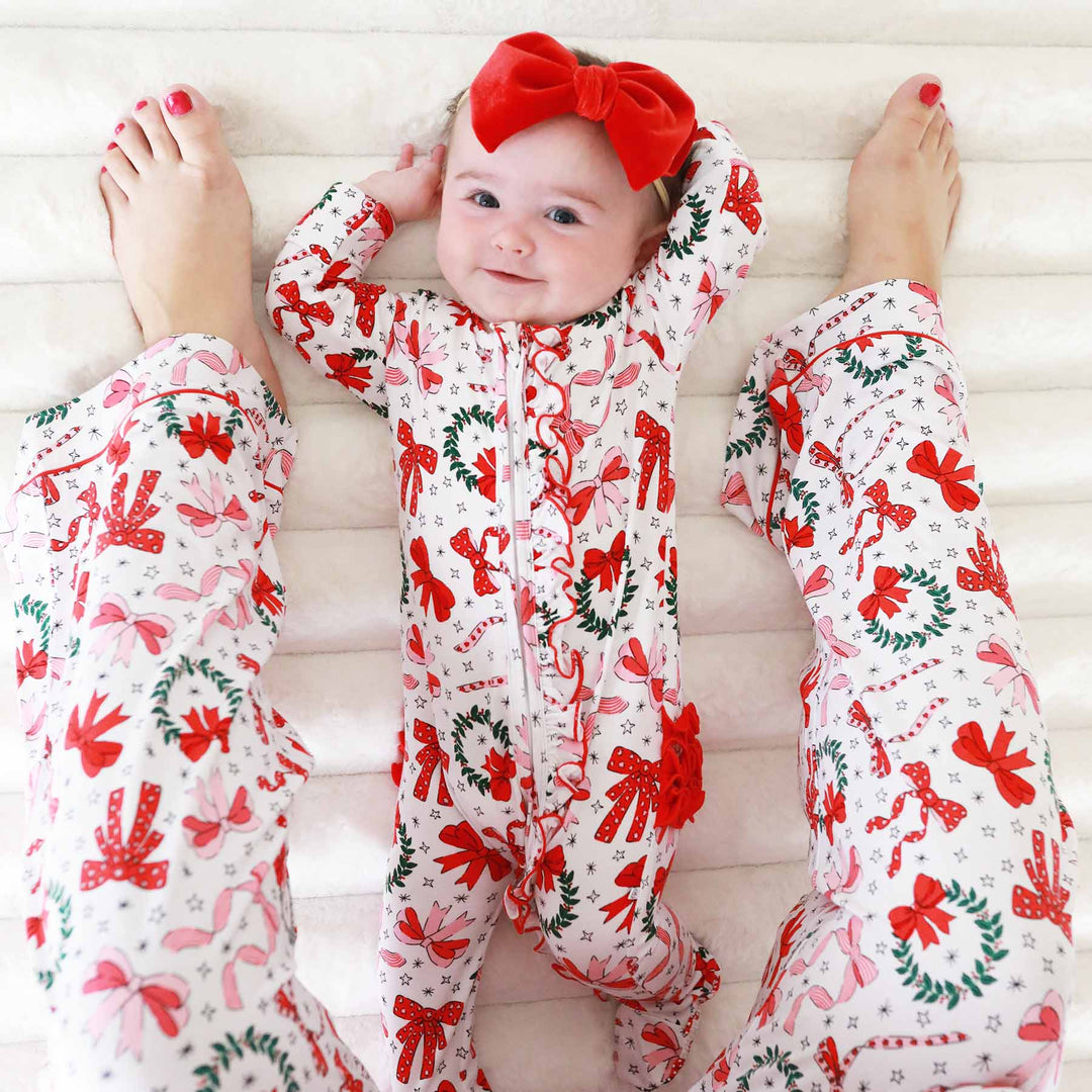 christmas bows and wreath mommy and me matching pajamas for girls 