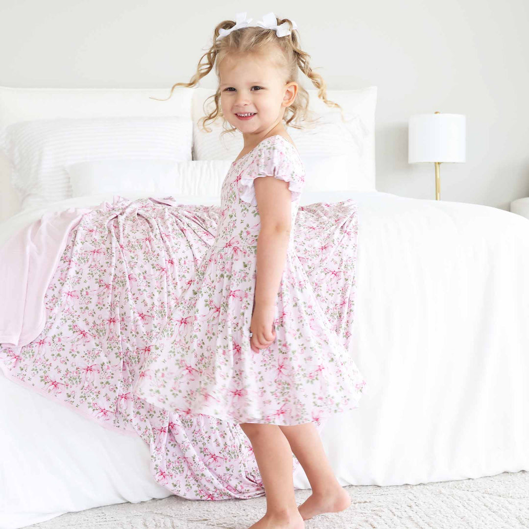 girls ruffle twirl dress bows in bloom