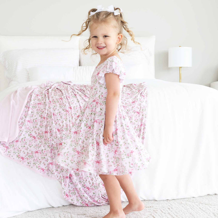 girls ruffle twirl dress bows in bloom
