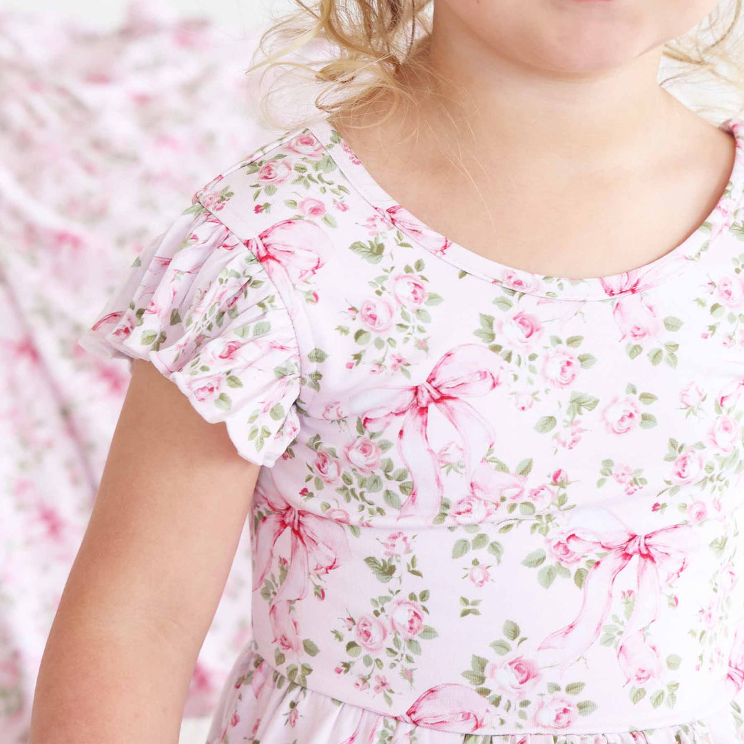 pink and green floral and bow ruffle sleeve dress for kids 