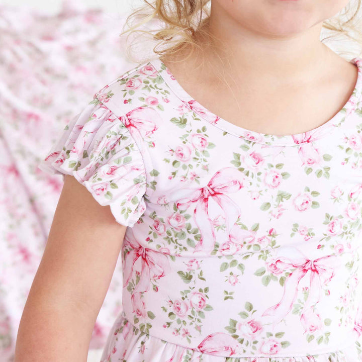 pink and green floral and bow ruffle sleeve dress for kids 
