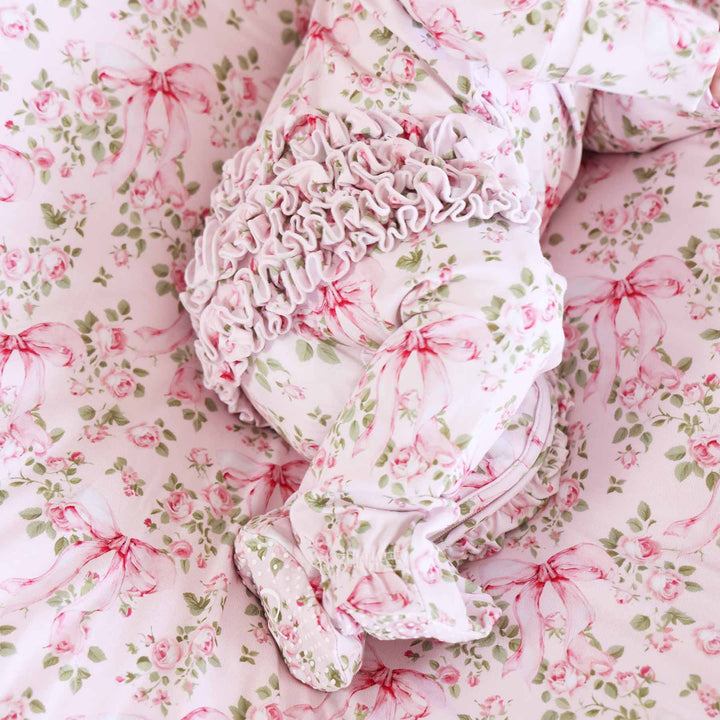 bamboo viscose ruffle zipper footie for babies bows in blooms 