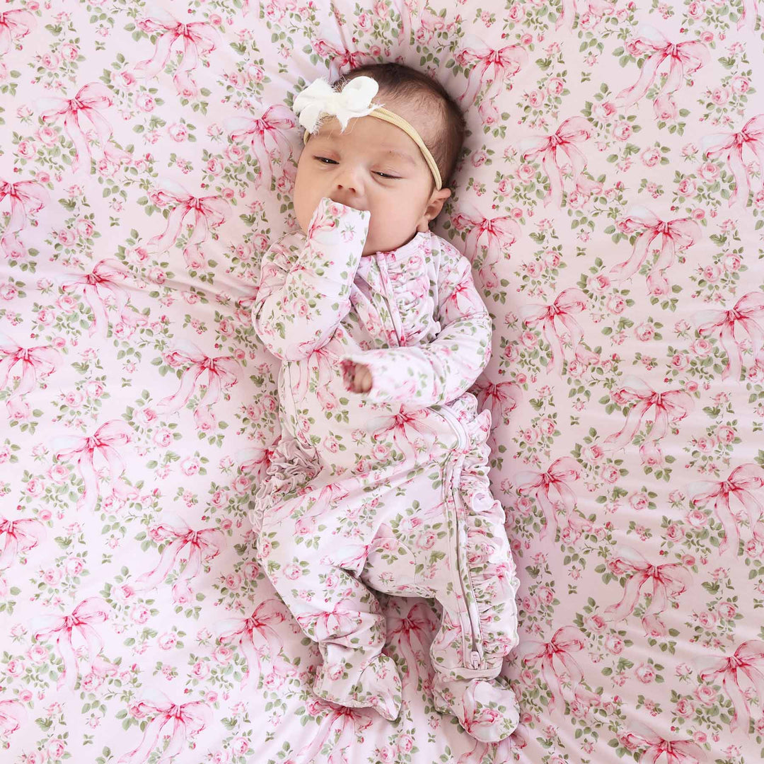 pink floral and bows zipper footie pajama for baby girls 