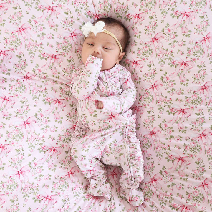 pink floral and bows zipper footie pajama for baby girls 