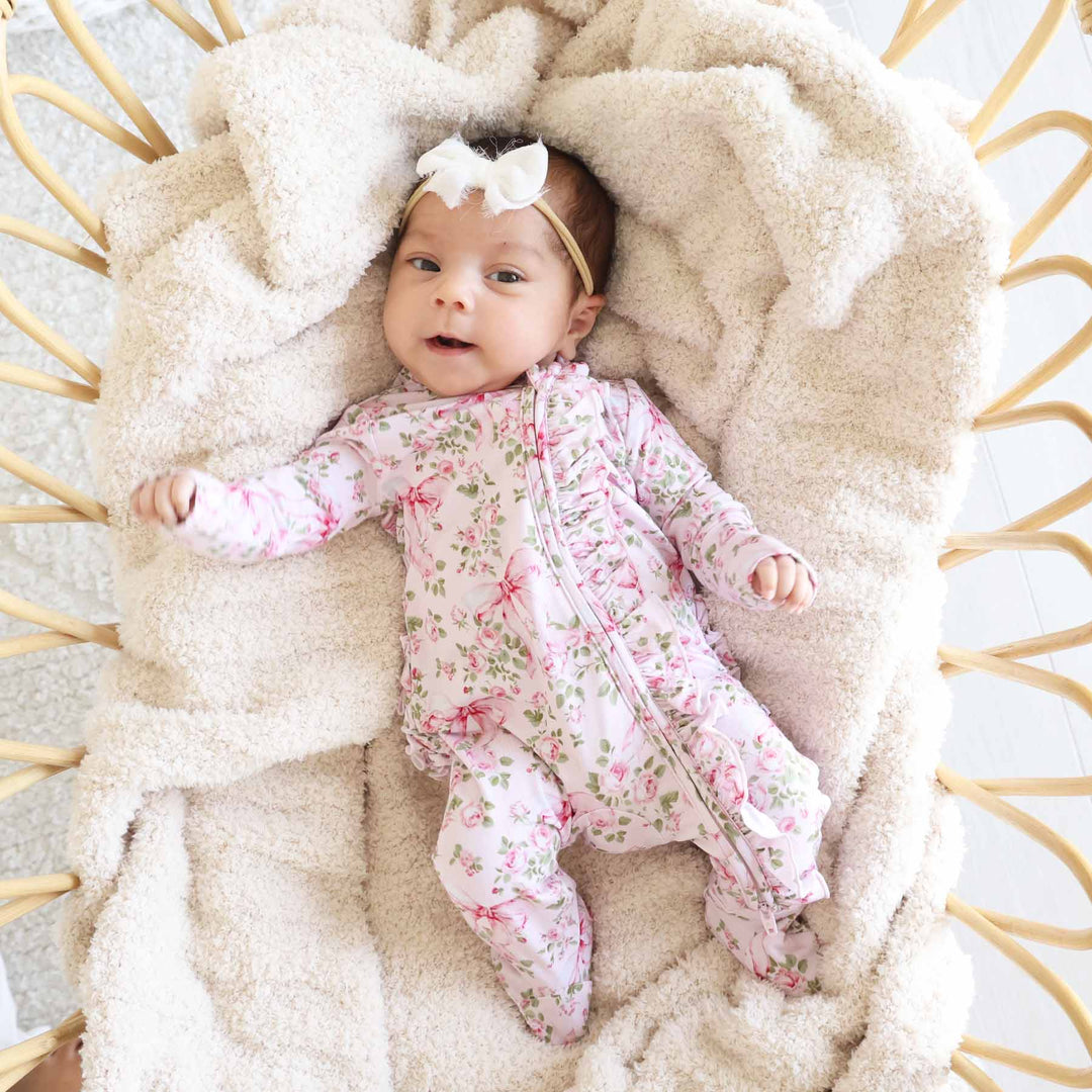 bows in bloom zipper ruffle footie for baby girls bamboo viscose 