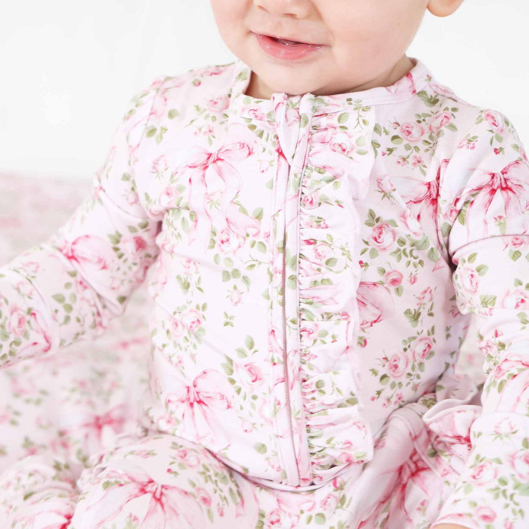 ruffle zipper footie for girls bows in bloom