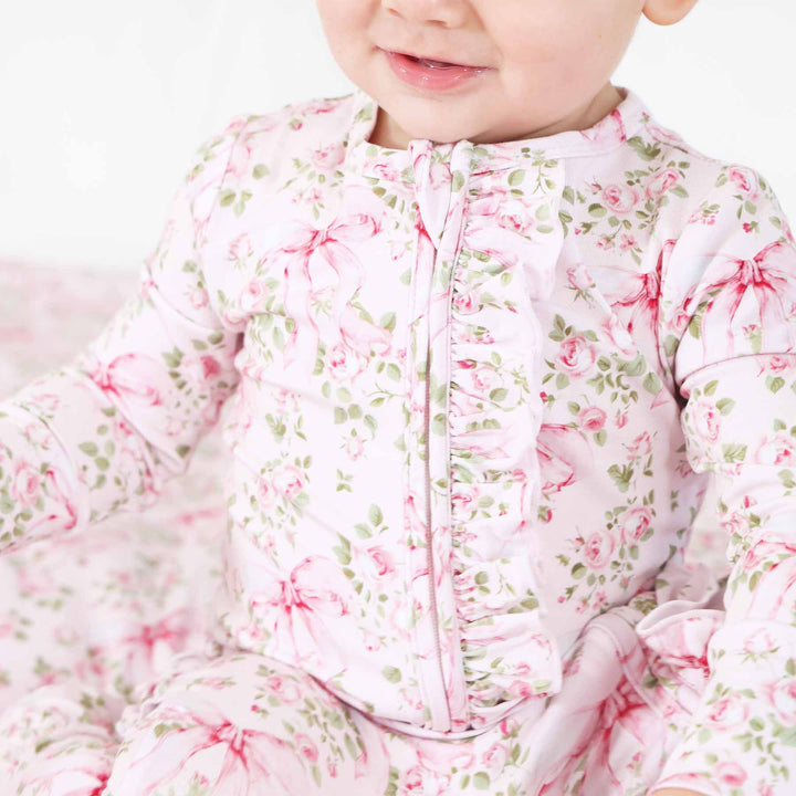 ruffle zipper footie for girls bows in bloom