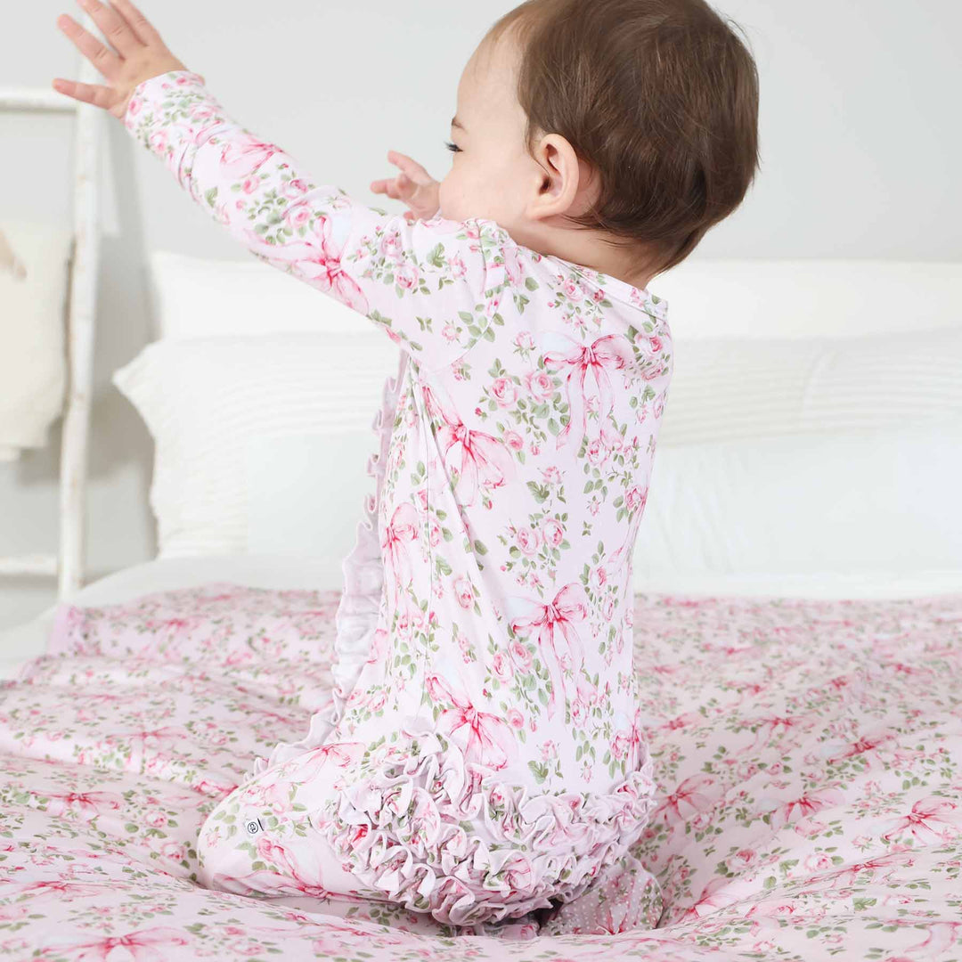 ruffle bottom zipper footie bows in bloom