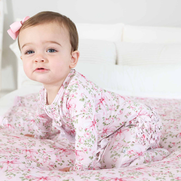 bows in bloom ruffle zipper footie for baby girls 
