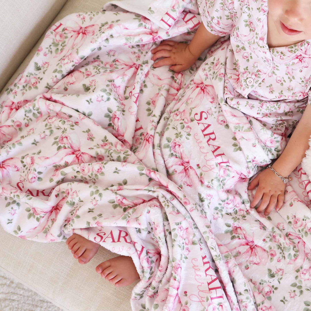 bows in blooms floral and bow personalized name blanket 
