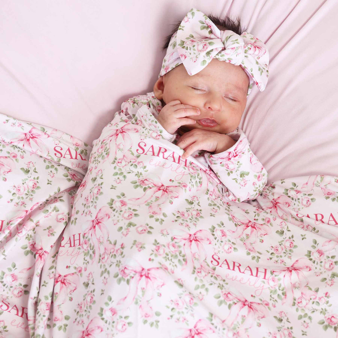 bows in blooms personalized swaddle blanket for newborn girls 