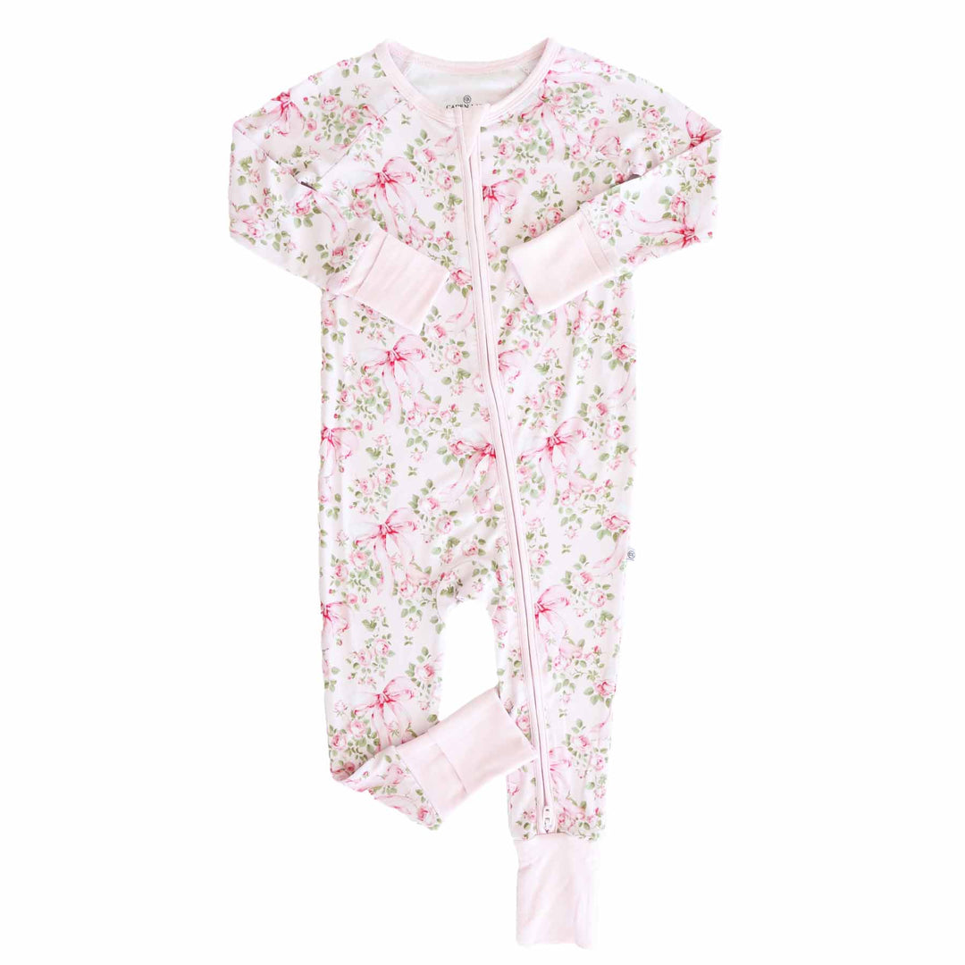 bows in blooms romper pajama with convertible mitts and footies 