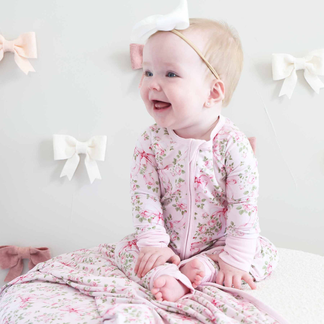 floral and bow pink and green zip romper pajama for girls 