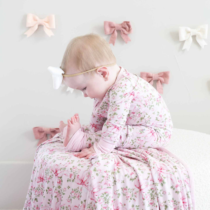 pink and green floral zip romper pajama for girls 