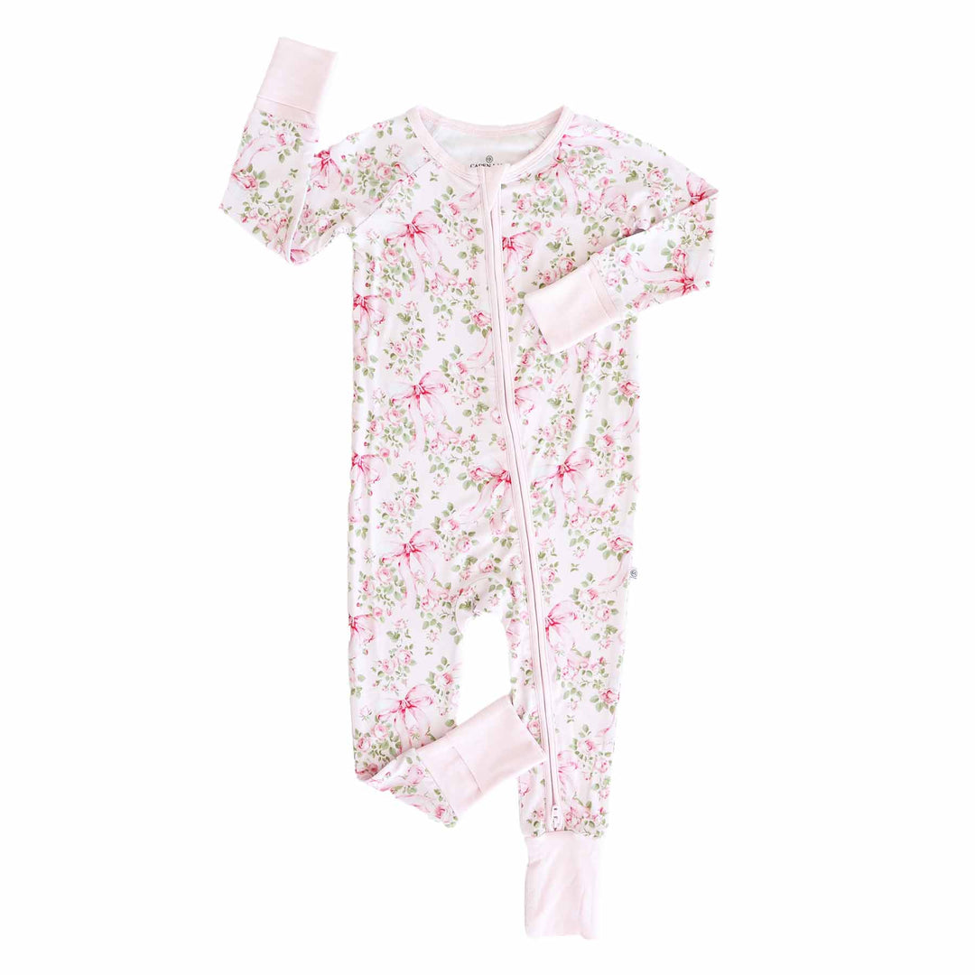 convertible zip romper pajama bows in bloom 
