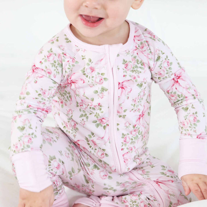 bows in bloom convertible zip romper pajama for babies and toddlers