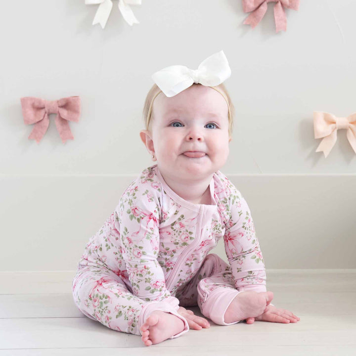 bows in blooms convertible zip romper pajama for babies and toddlers floral bows 
