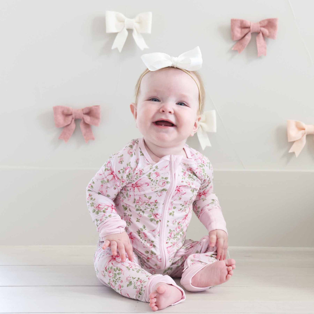 bows in blooms zip romper pajama for baby and toddler girls 