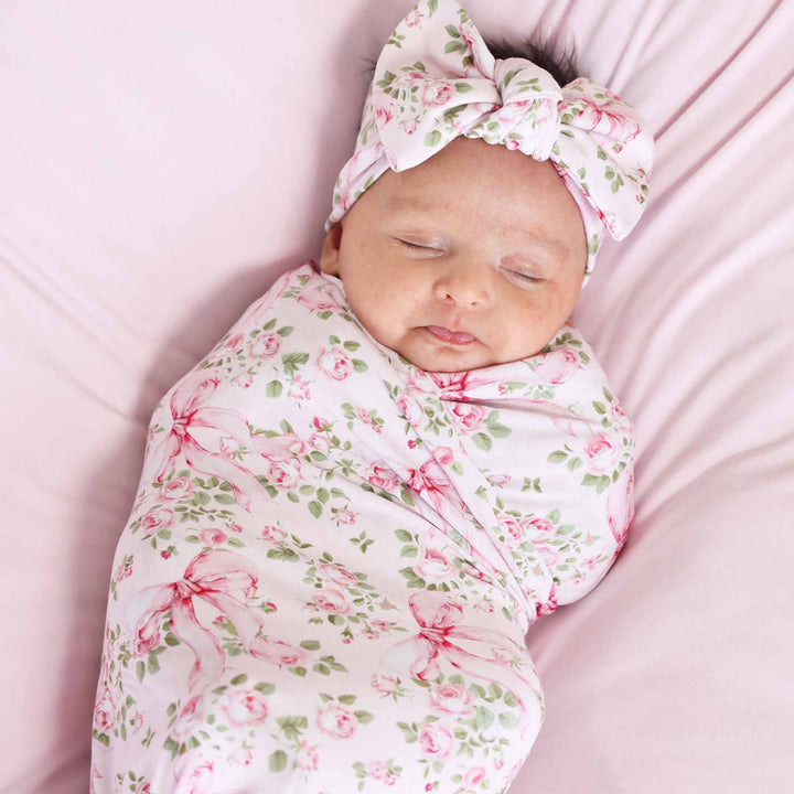 pink and green blow and floral oversized swaddle blanket for girls 