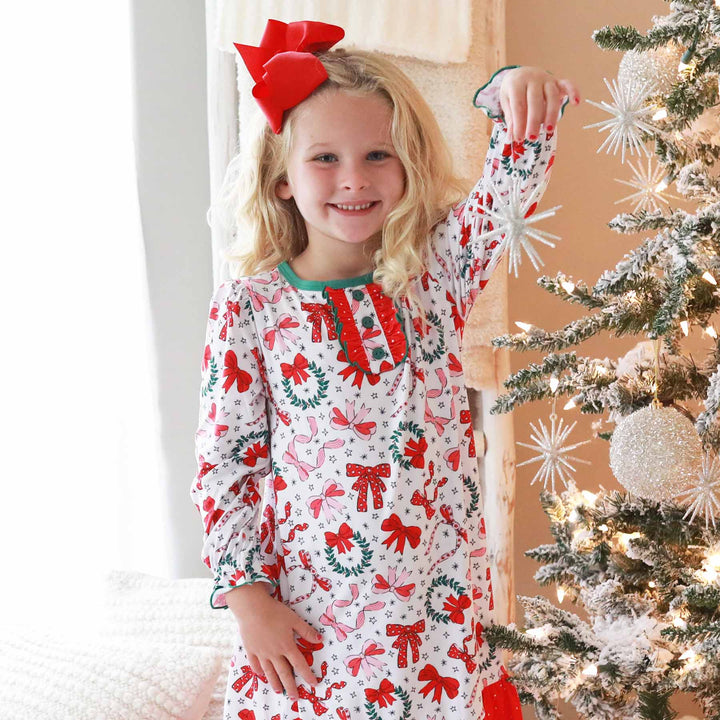 bow christmas nightgown for girls with ruffles and long sleeves 