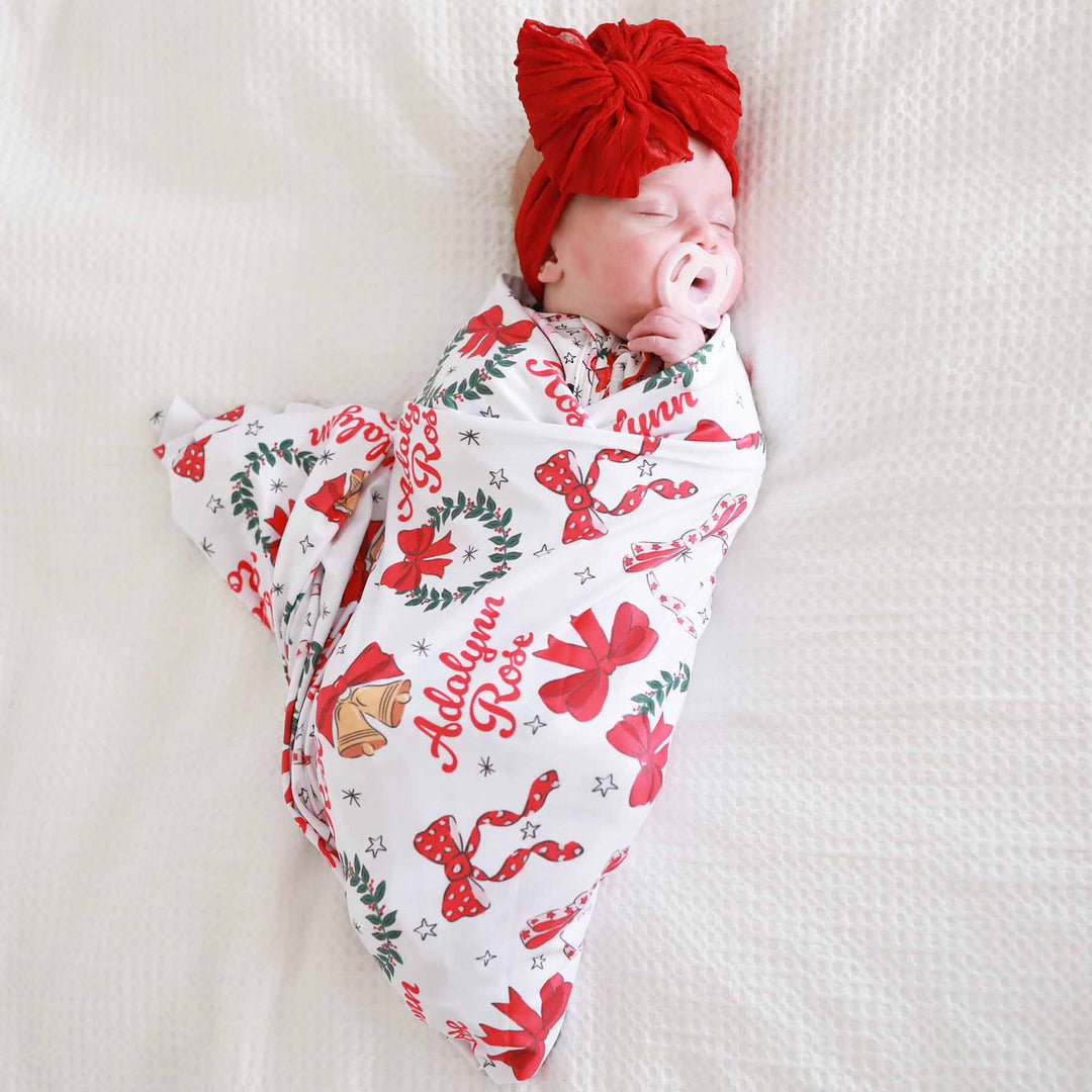 wrapped in a bow personalized swaddle blanket for babies 