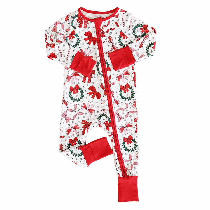 convertible zip romper for christmas with bows and wreaths 