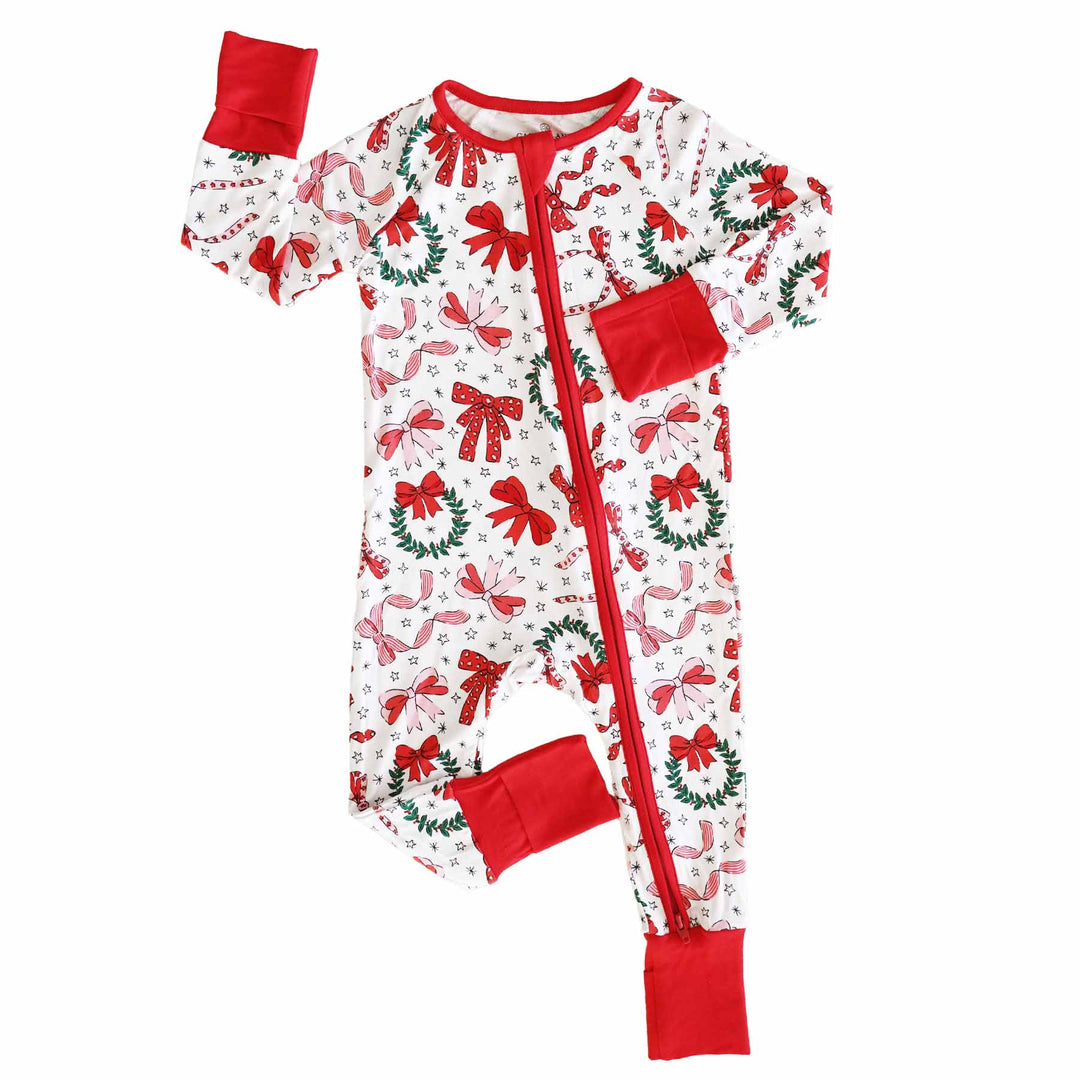 christmas pajama romper for babies with bows 