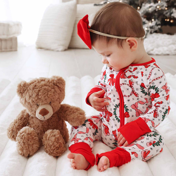 toddler pajama romper with wreaths and bows 