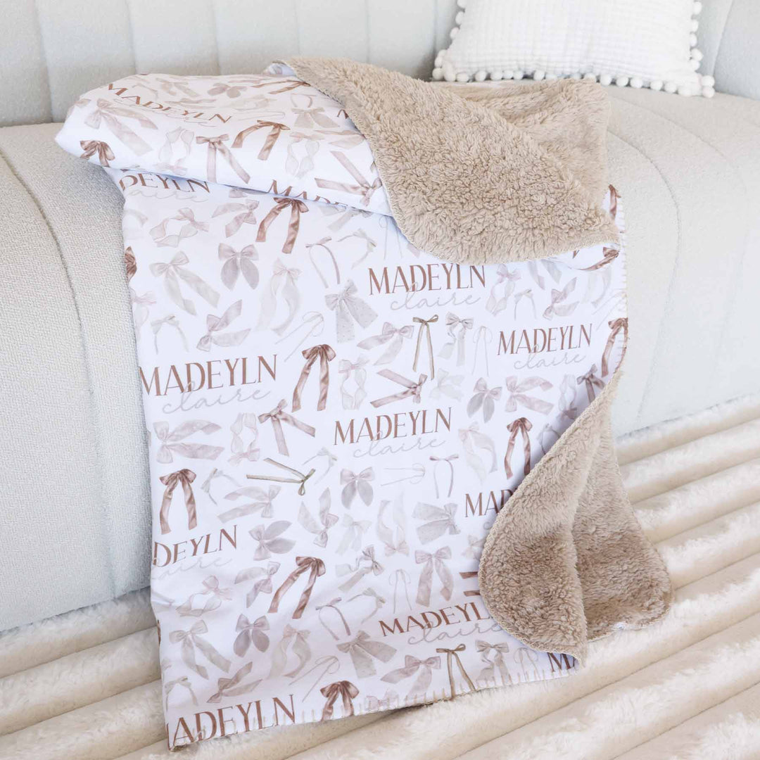 neutral bow personalized kids blanket with fur