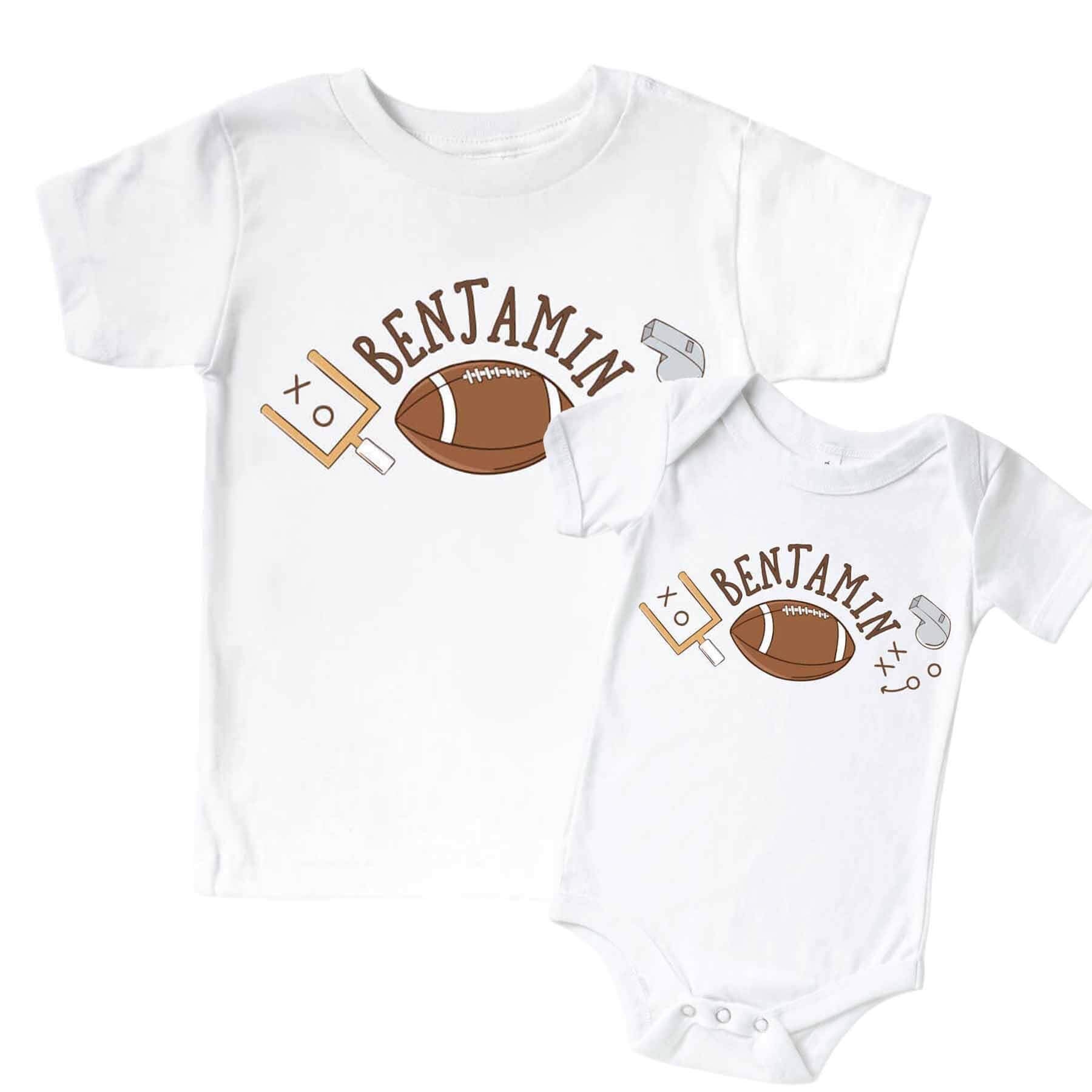 Personalized Tiny Touchdowns Neutral Graphic Bodysuit & Kids Tee | White