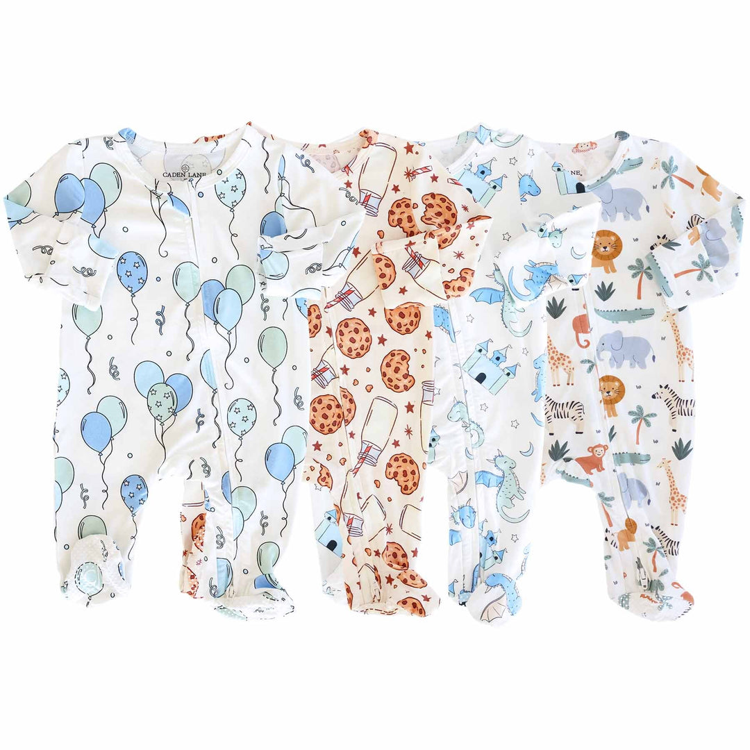 group listing of Boy Zipper Footies. ( Safari Snuggles, Cookie Cuddles, Dragon Adventure Blue, and Party Time Blue. 