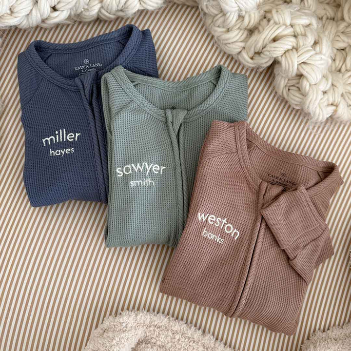 bamboo waffle sleeper rompers with monogram