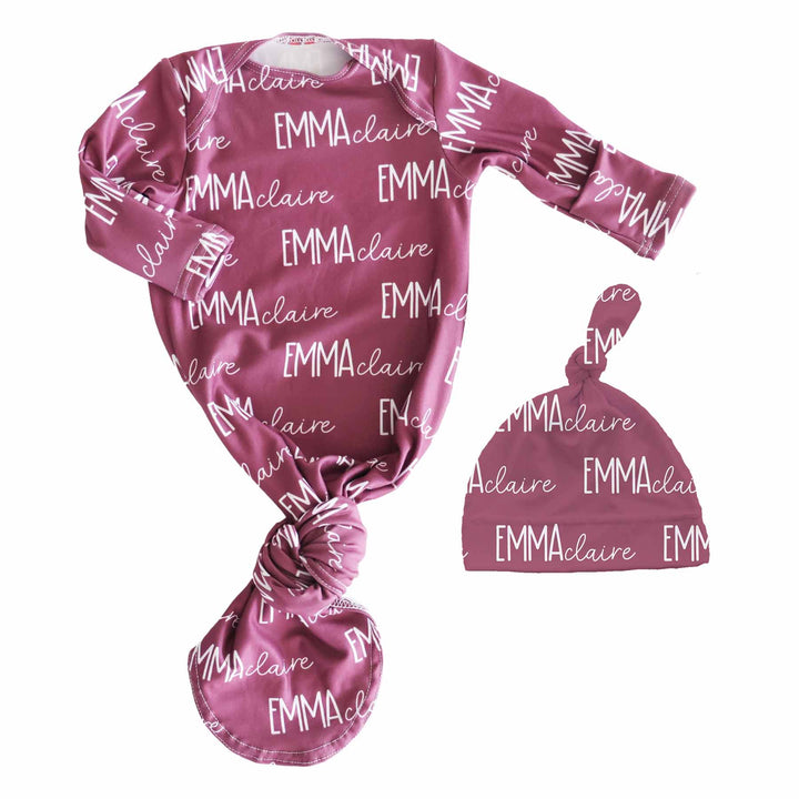 personalized boysenberry knot gown and hat set