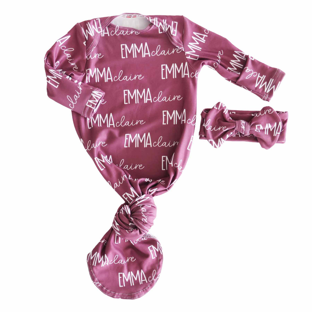 boysenberry personalized knot gown and headwrap for newborns 
