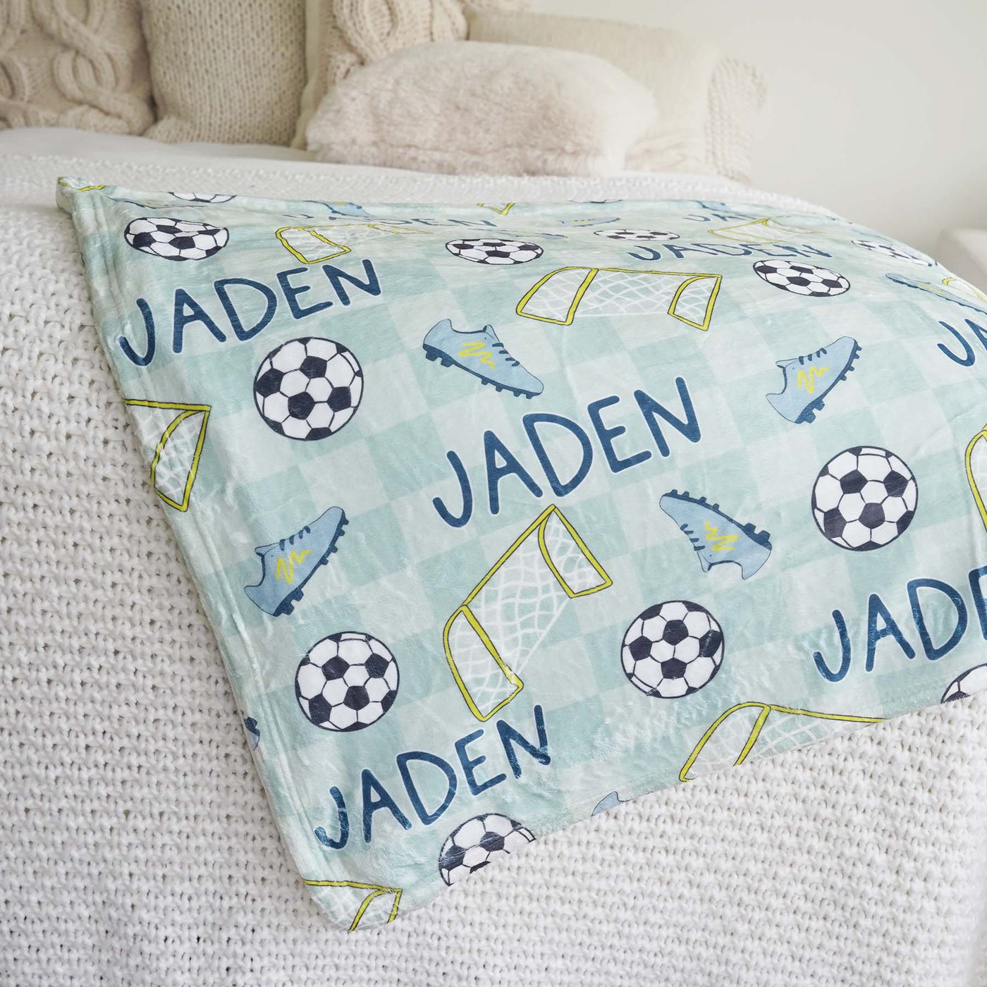 green personalized blanket for boys soccer themed 