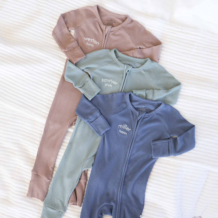personalized mountain haze bamboo waffle convertible zip rompers 