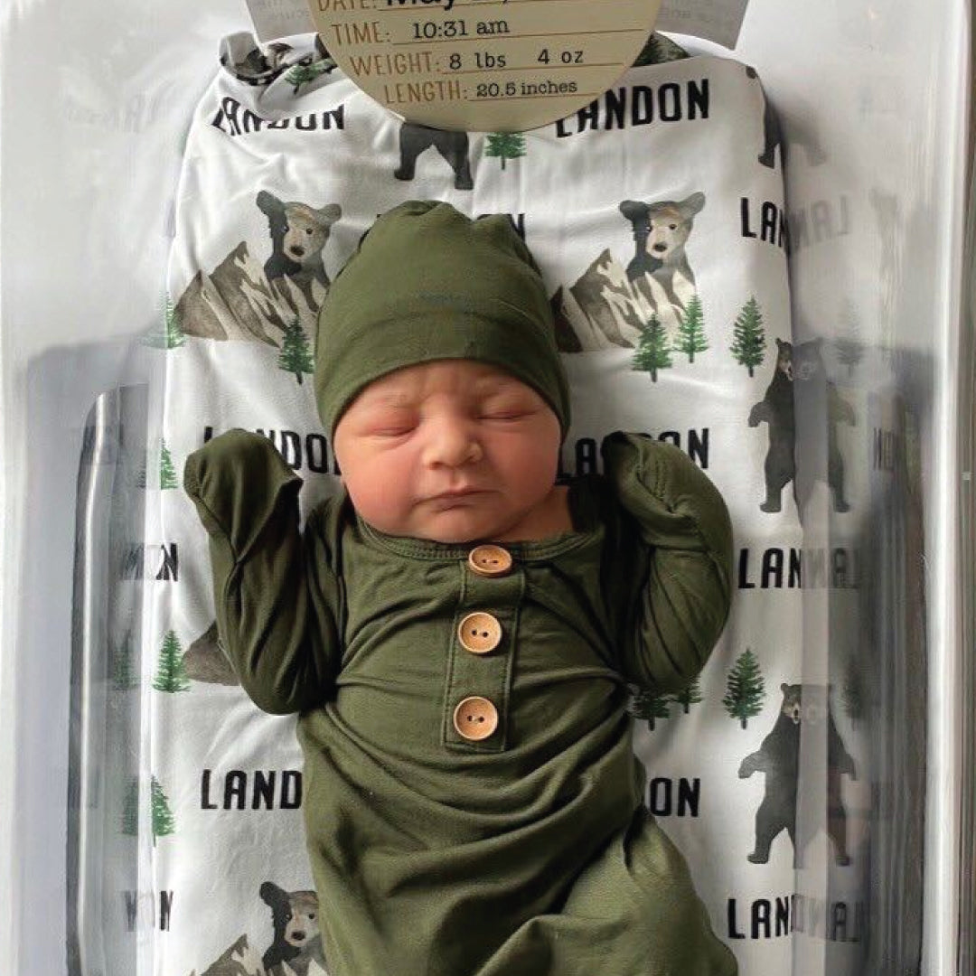 Solid Olive Bamboo Baby Knot Gown & Hat