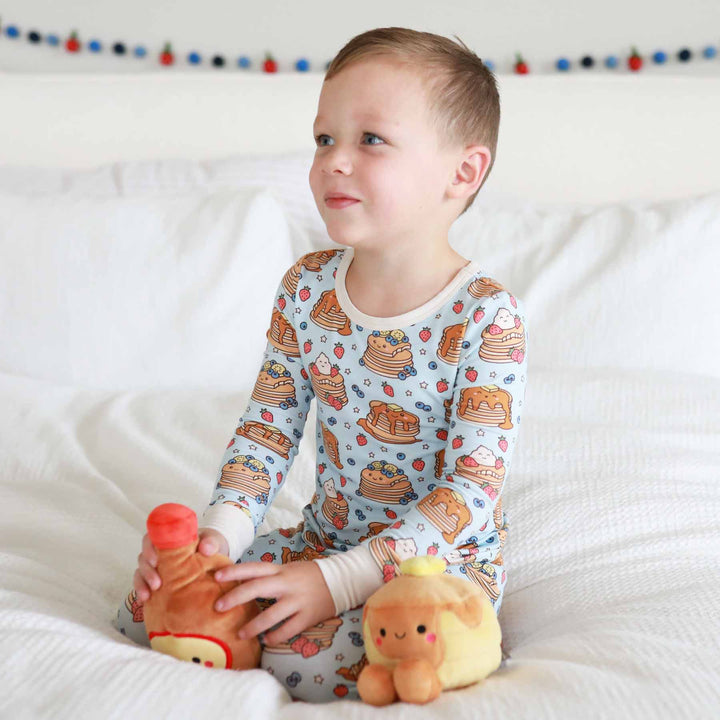 gender neutral kids pajamas blue with pancakes