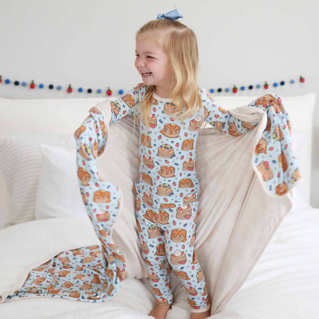 blue brunch buddies pajama set for kids pancakes