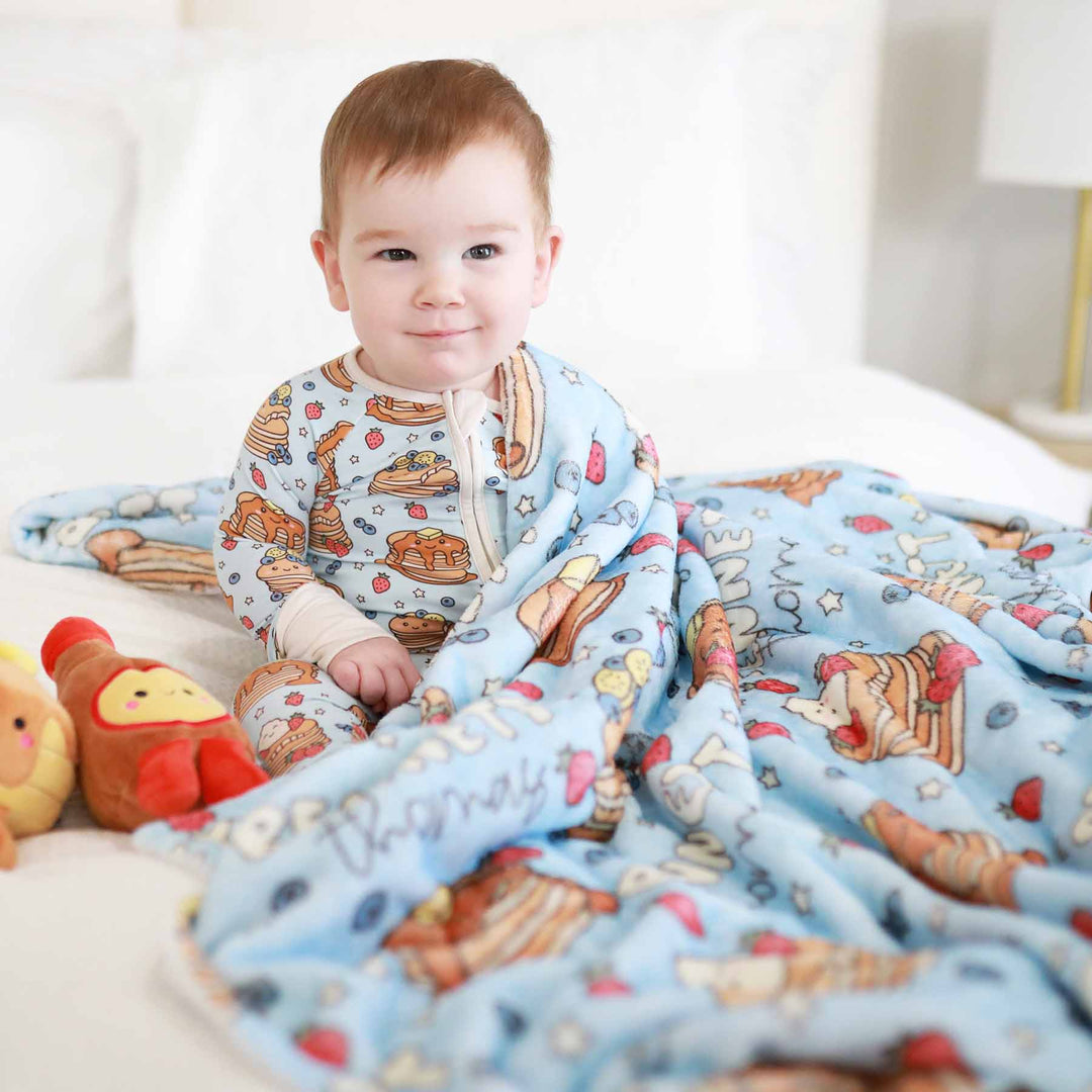 gender neutral kids blanket personalized with name blue with pancakes and fruit