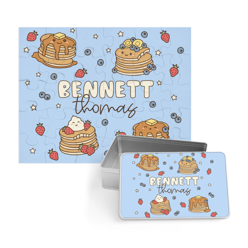 personalized pancake puzzle for kids with matching tin