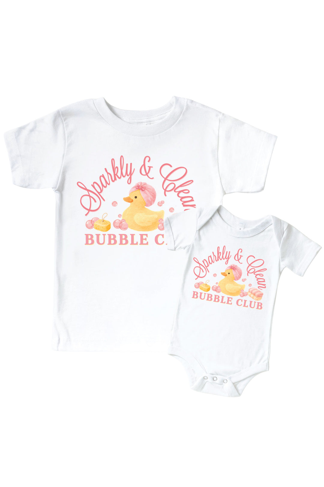 White kids tee and baby bodysuit with pink Sparkly and Clean Bubble Club graphic featuring yellow rubber duck with pink bubbles