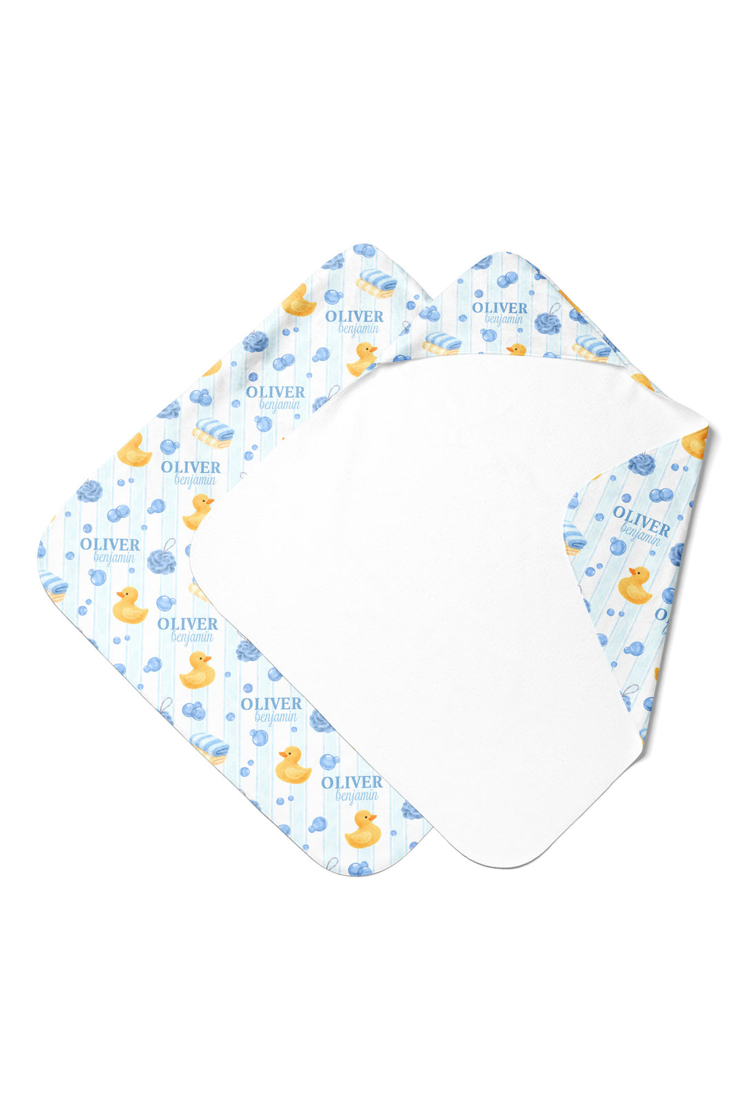 Personalized white bamboo baby hooded towel with blue rubber duck and bubble print, shown flat with custom name embroidered on exterior