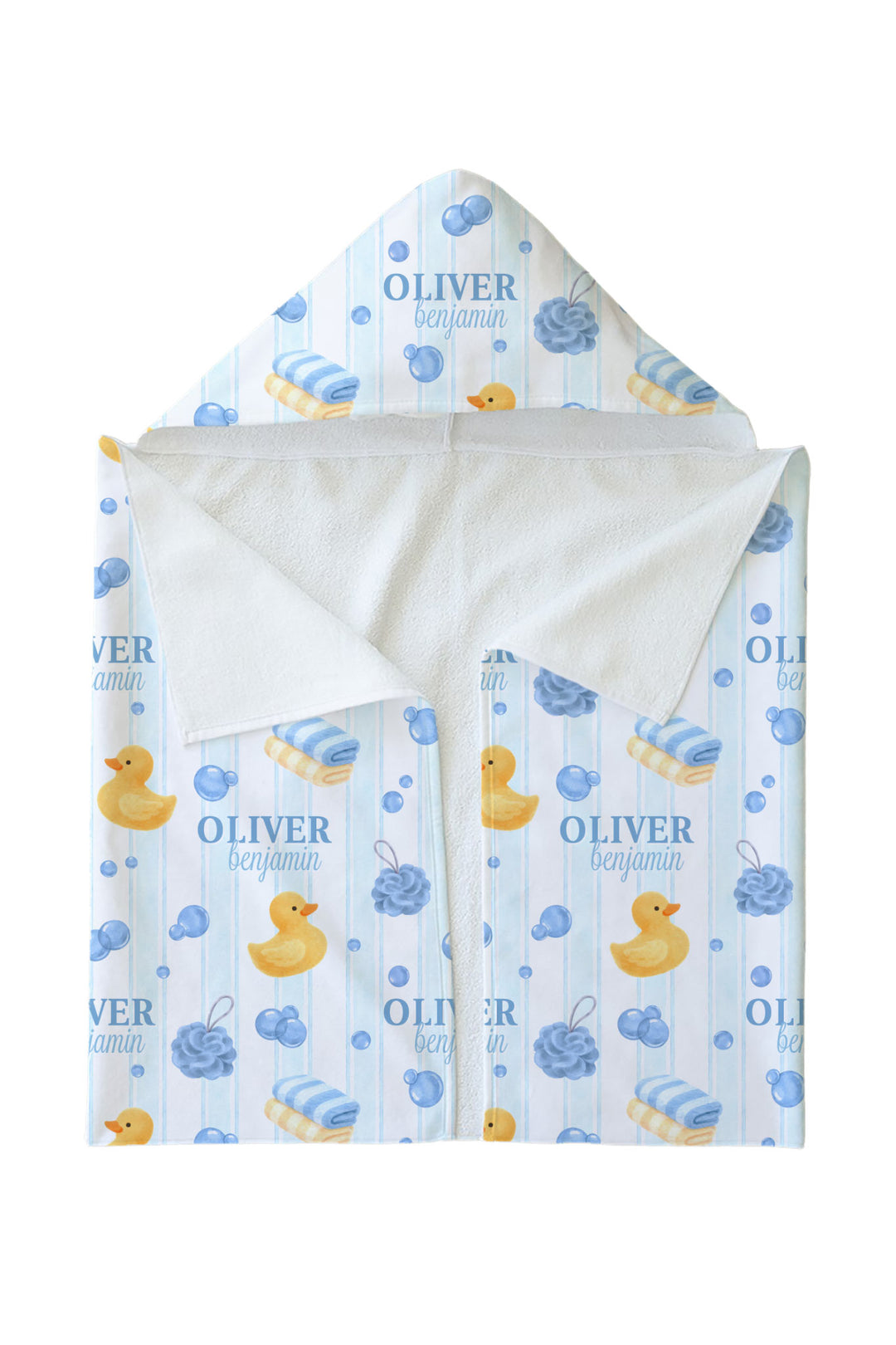Personalized white bamboo kids hooded towel with blue rubber duck, bubble, and stripe print, shown folded with custom name on exterior