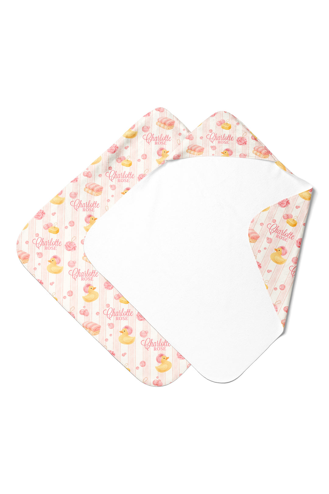 Personalized white bamboo baby hooded towel with pink rubber duck and floral bubble print, shown flat with custom name embroidered on exterior