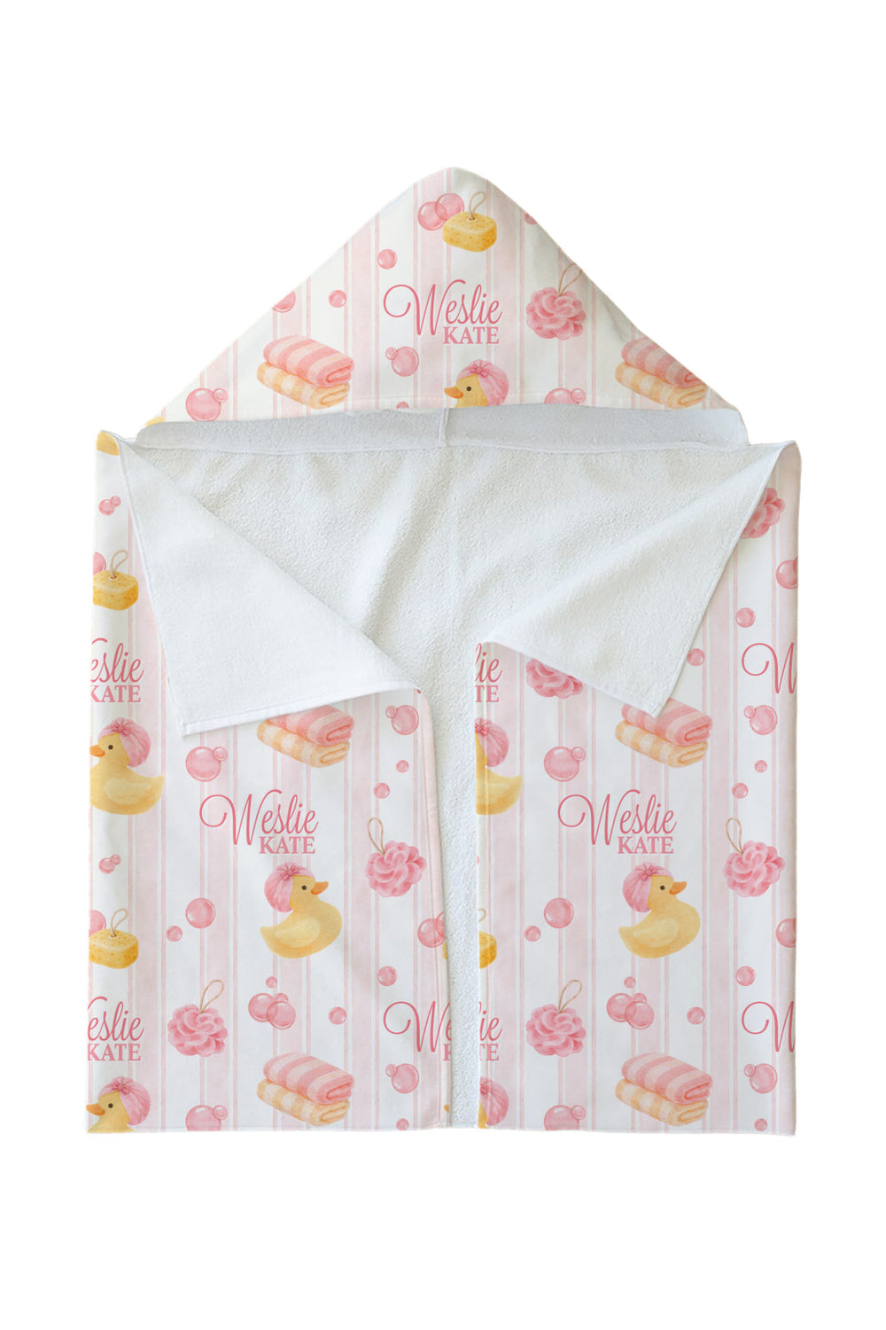 Personalized white bamboo kids hooded towel with pink rubber duck and stripe print, shown folded with custom name embroidered on exterior