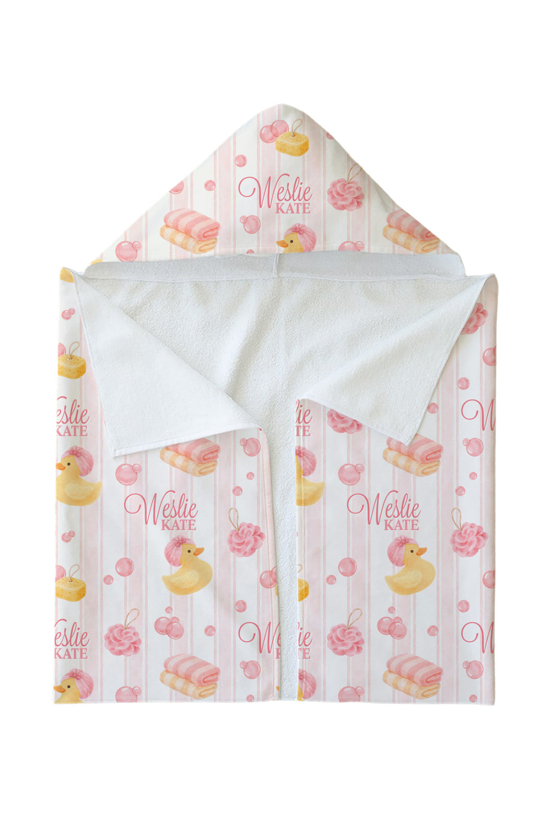 Personalized white bamboo kids hooded towel with pink rubber duck and stripe print, shown folded with custom name embroidered on exterior